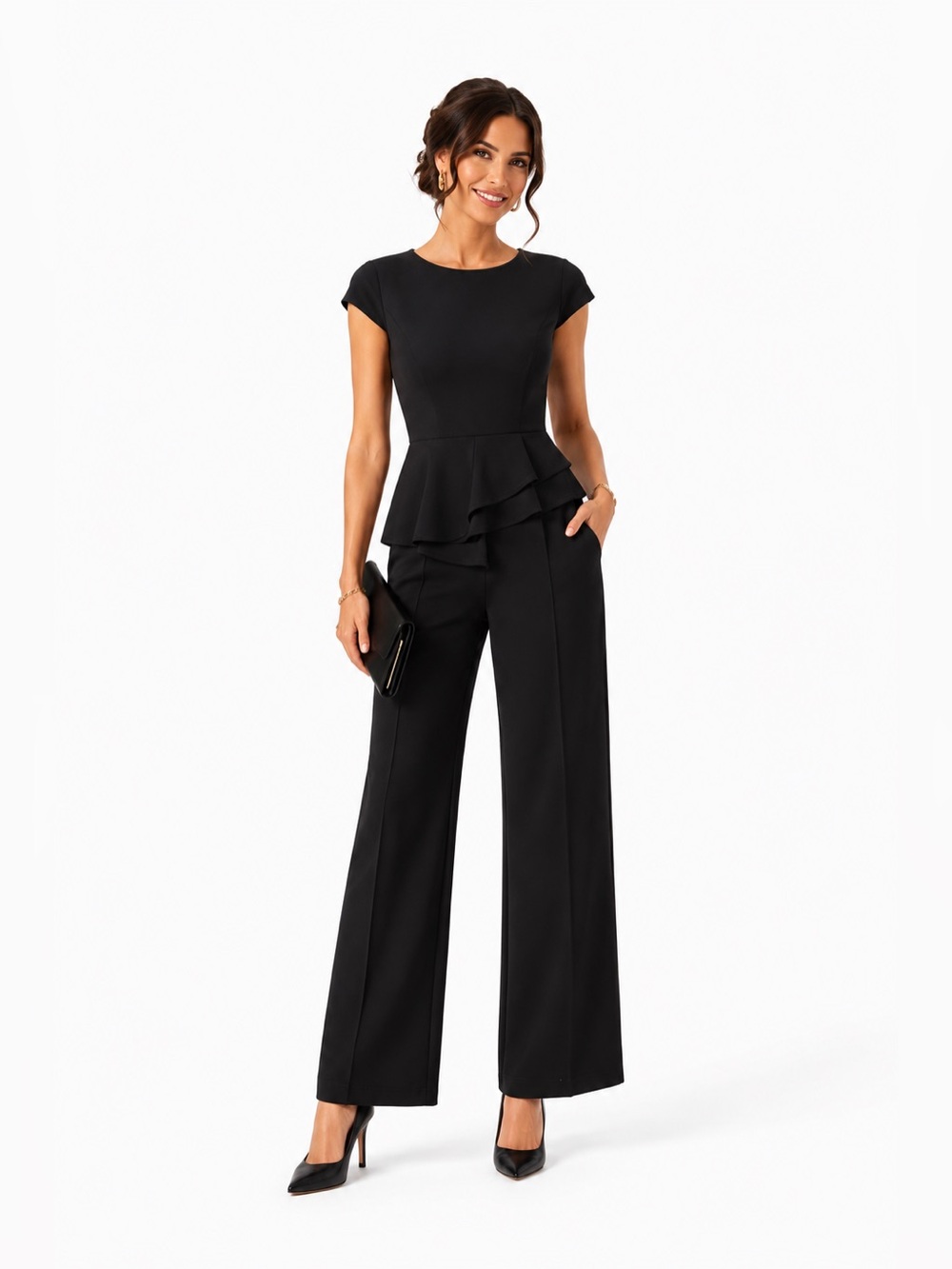 Eliza J Black Peplum Wide-Leg Jumpsuit CT